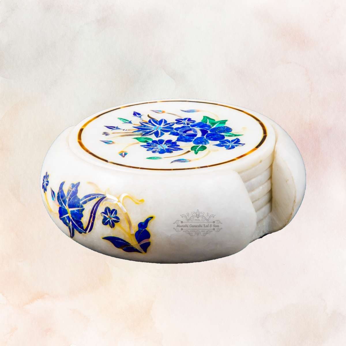 Blue Flower with Golden Outline Carved Design Marble Coaster